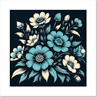 Blue Floral Pattern Posters and Art